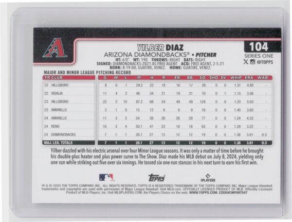 2025 Topps Yilber Diaz Diamante Foil #104 Diamondbacks - Image 3