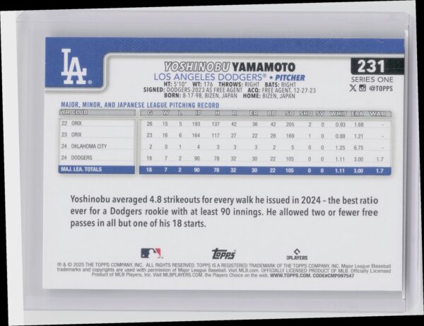 2025 Topps Yoshinobu Yamamoto #231 Dodgers - Image 3