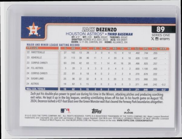 2025 Topps Zach Dezenzo RC #89 Astros - Image 3