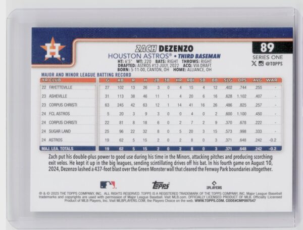 2025 Topps Zach Dezenzo RC #89 Astros - Image 3