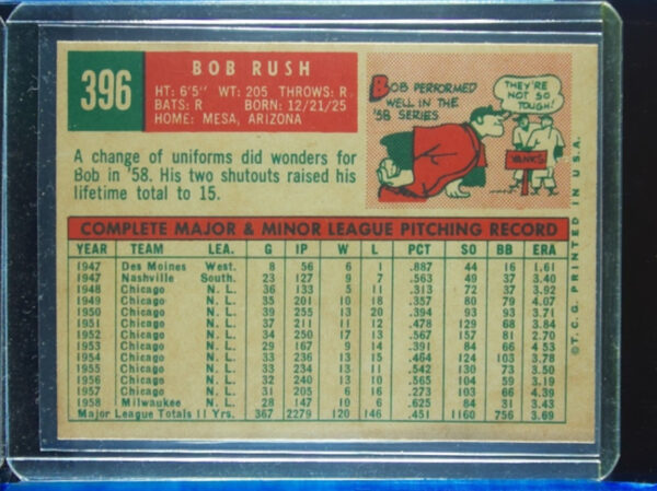 1959 Topps Bob Rush #396 Braves - Image 3