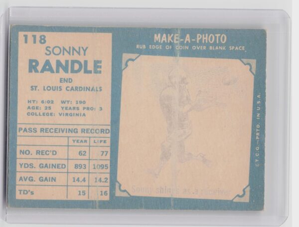 1961 Topps Sonny Randle RC #118 Cardinals - Image 3