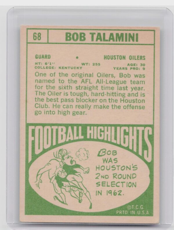 1968 Topps Bob Talamini #68 Oilers - Image 3