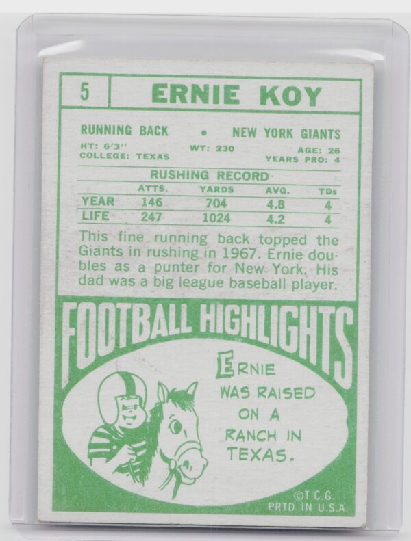 1968 Topps Ernie Koy RC #5 Giants - Image 3