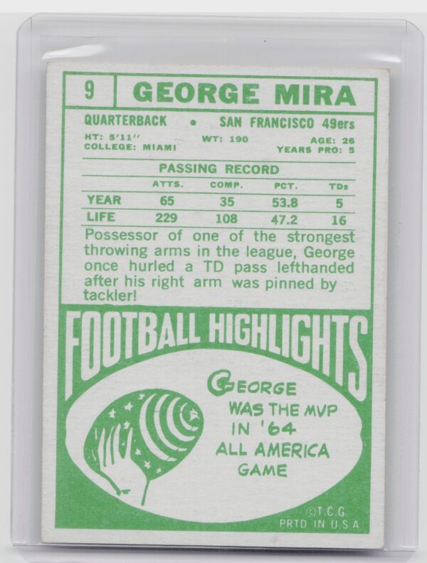 1968 Topps George Mira #9 49ers - Image 3