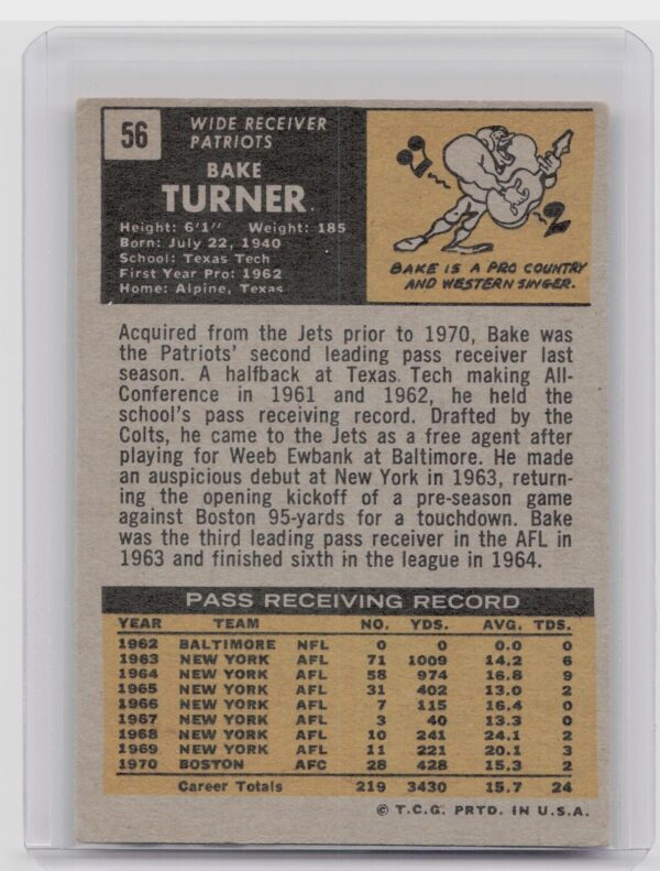 1971 Topps Bake Turner #56 Patriots - Image 3