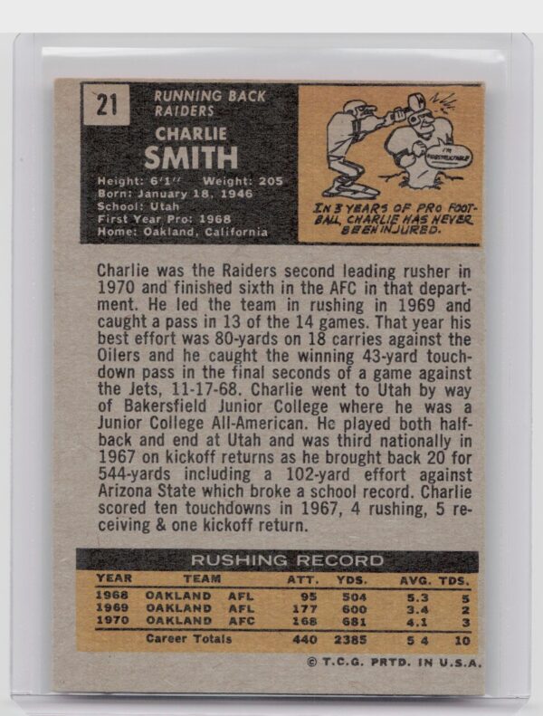 1971 Topps Charlie Smith #21 Raiders - Image 3