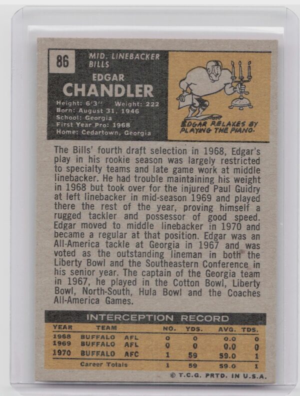 1971 Topps Edgar Chandler RC #86 Bills - Image 3