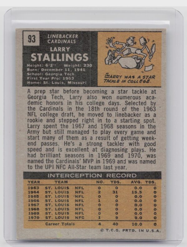 1971 Topps Larry Stallings #93 Cardinals - Image 3