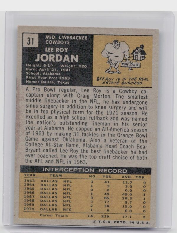 1971 Topps Lee Roy Jordan #31 Cowboys - Image 3