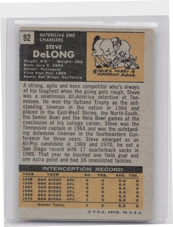 1971 Topps Steve DeLong #92 Chargers - Image 3