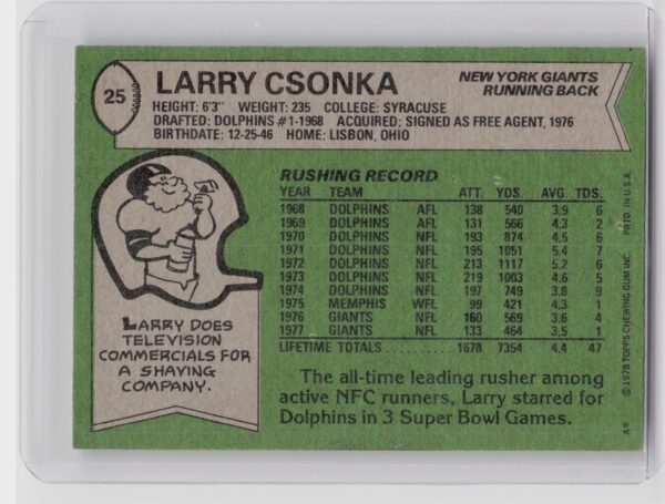 1978 Topps Larry Csonka #25 Giants - Image 3