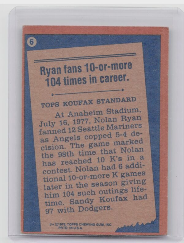 1978 Topps Nolan Ryan #6 Angels - Image 3