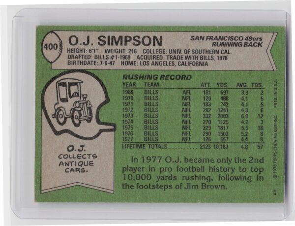 1978 Topps O.J. Simpson #400 49ers - Image 3