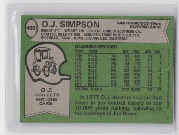 1978 Topps O.J. Simpson #400 49ers - Image 3