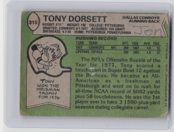 1978 Topps Tony Dorsett RC #315 Cowboys - Image 3