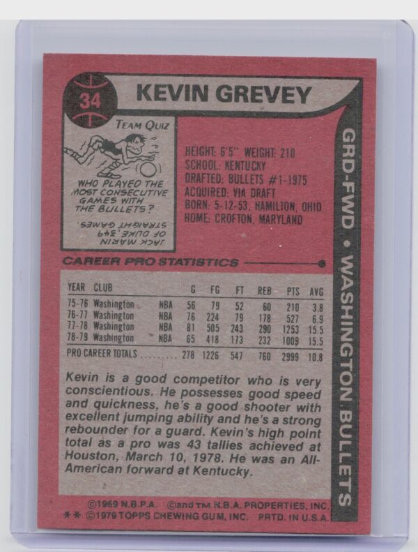 1979-80 Topps Kevin Grevey #34 Bullets - Image 3
