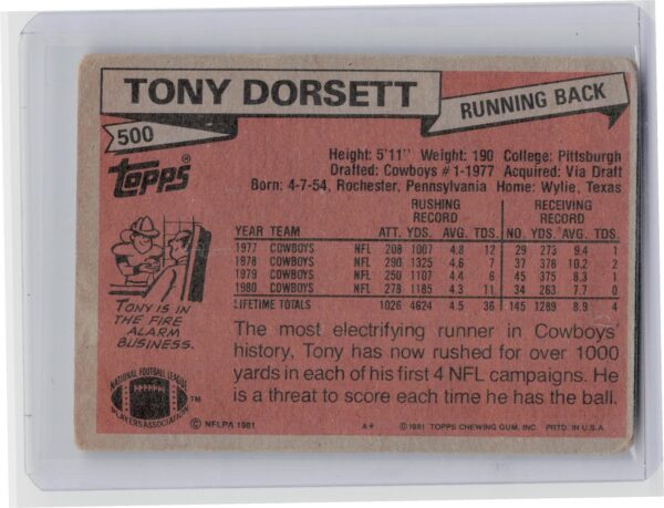 1981 Topps Tony Dorsett #500 Cowboys - Image 3
