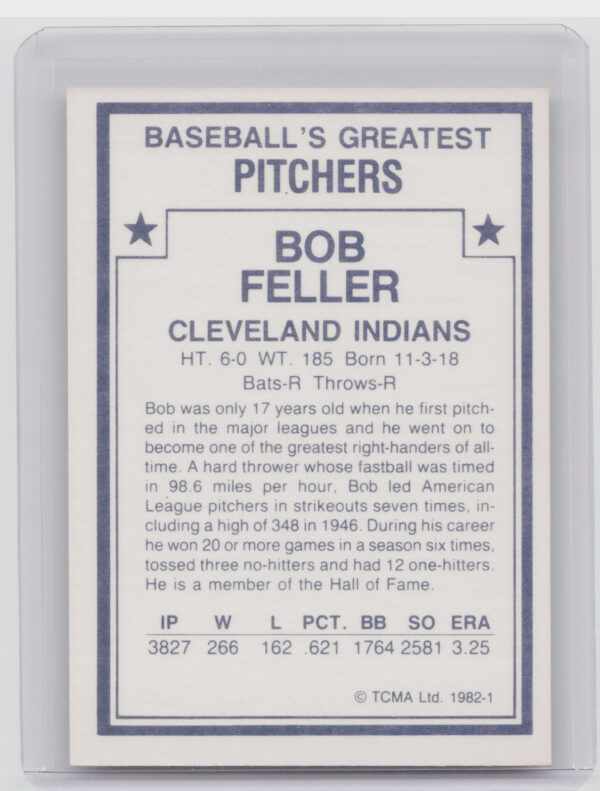 1982 TCMA Baseball's Greatest Pitchers (White Back) Bob Feller #1 Indians - Image 3