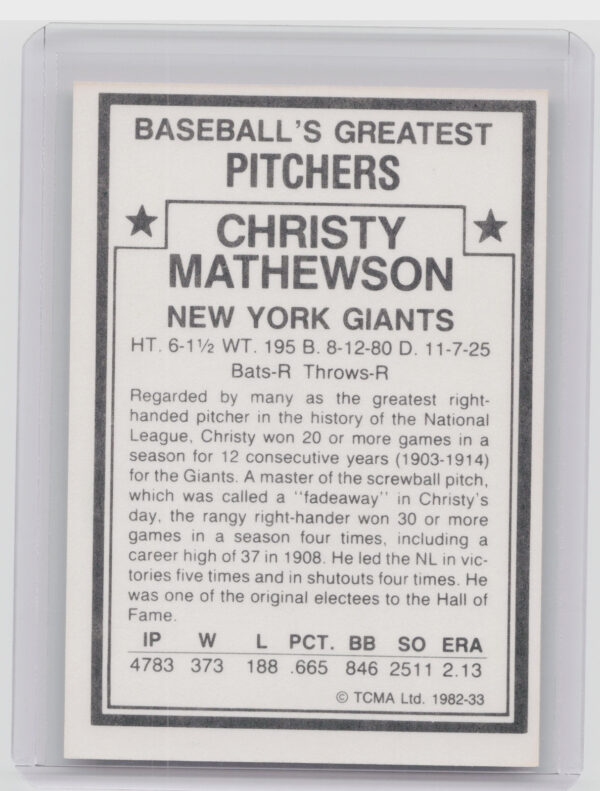 1982 TCMA Baseball's Greatest Pitchers (White Back) Christy Mathewson #33 Giants - Image 3
