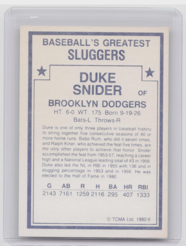 1982 TCMA Baseball's Greatest Sluggers (White Back) Duke Snider #9 Dodgers - Image 3
