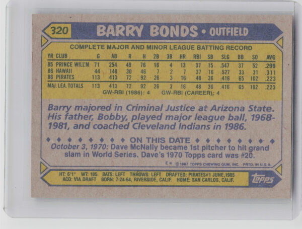 1987 Topps Barry Bonds RC #320 Pirates - Image 3