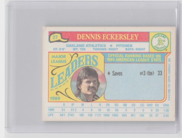 1990 Topps Major League Leaders Minis Dennis Eckersley #27 Athletics - Image 3