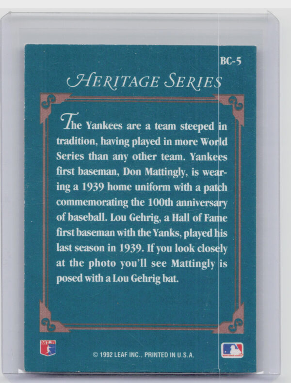 1992 Studio Don Mattingly #BC-5 Yankees Heritage - Image 3