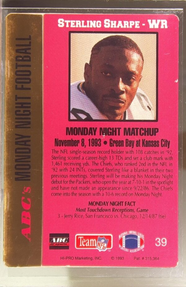 1993 Action Packed Monday Night Football Sterling Sharpe #39 Packers - Image 3