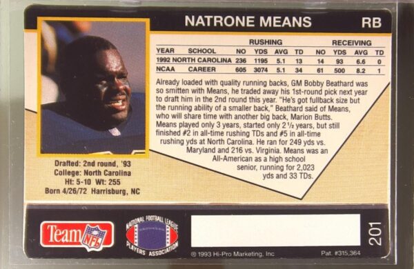 1993 Action Packed Natrone Means RC #201 Chargers - Image 3