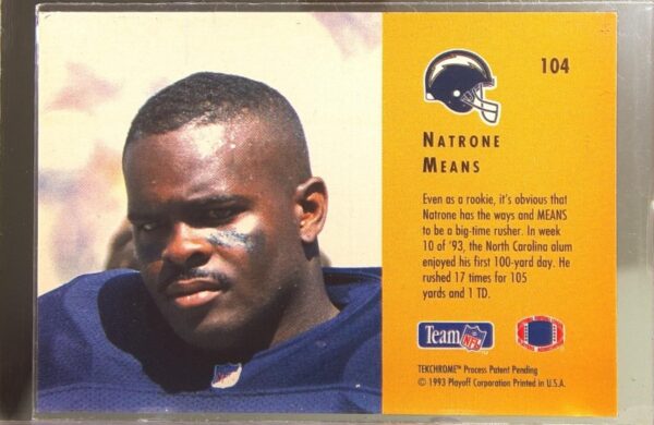 1993 Playoff Contenders Natrone Means RC #104 Chargers - Image 3