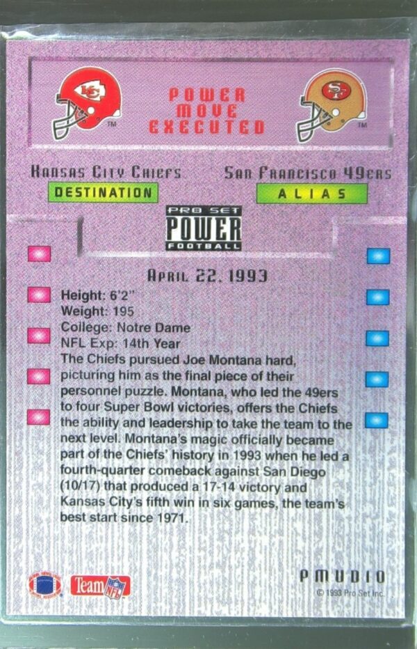 1993 Pro Set Power Update Joe Montana #PMUD10 Chiefs Power Moves - Image 3