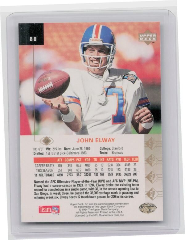1994 SP John Elway #80 Broncos - Image 3