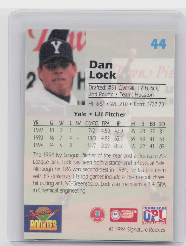 1994 Signature Rookies Draft Picks Dan Lock AU SN7750 #44 Astros Signatures - Image 3