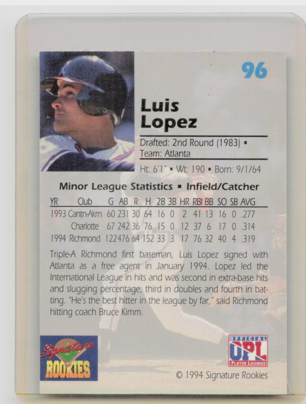 1994 Signature Rookies Draft Picks Luis Lopez AU SN7750 #96 Braves Signatures - Image 3