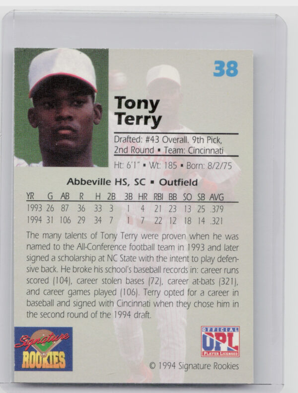 1994 Signature Rookies Draft Picks Tony Terry AU SN7750 #38 Reds Signatures - Image 3