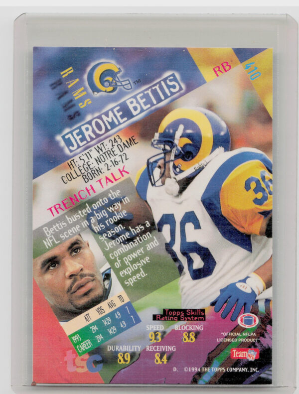 1994 Stadium Club Jerome Bettis #410 Rams - Image 3