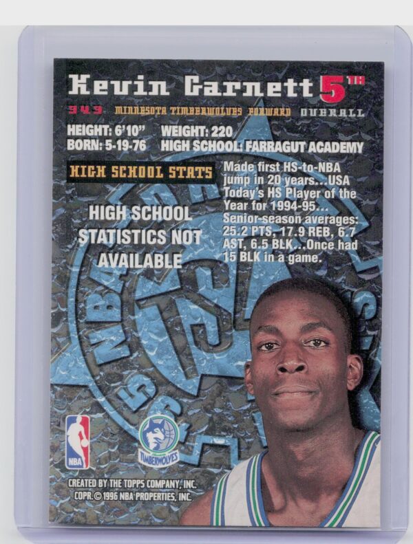 1995-96 Stadium Club Kevin Garnett Members Only #343 Timberwolves - Image 3