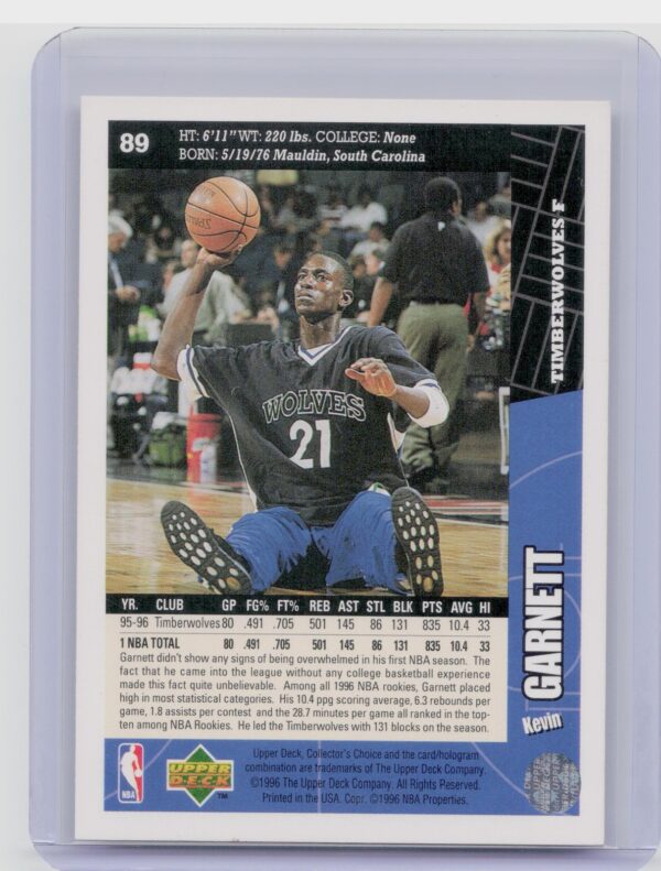 1996-97 Collector's Choice Kevin Garnett #89 Timberwolves - Image 3