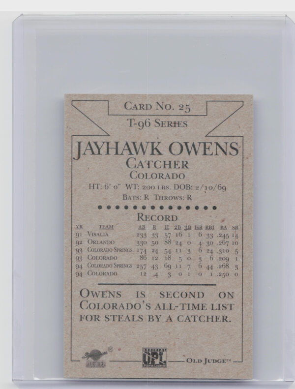 1996 Signature Rookies Old Judge Jayhawk Owens AU SN6000 #25 Sox Signatures - Image 3