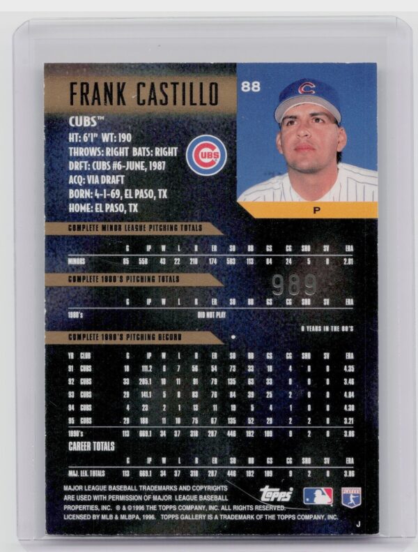 1996 Topps Gallery Frank Castillo Player's Private Issue /999 #88 Cubs - Image 3