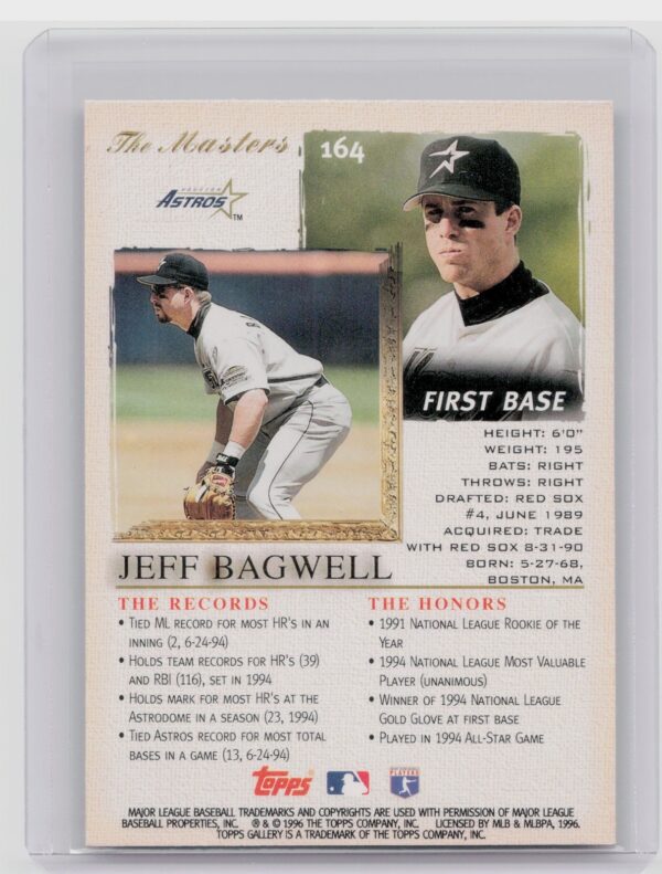 1996 Topps Gallery Jeff Bagwell #164 Astros - Image 3