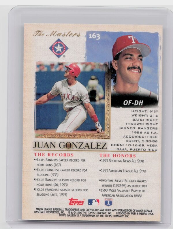 1996 Topps Gallery Juan Gonzalez #163 Rangers - Image 3