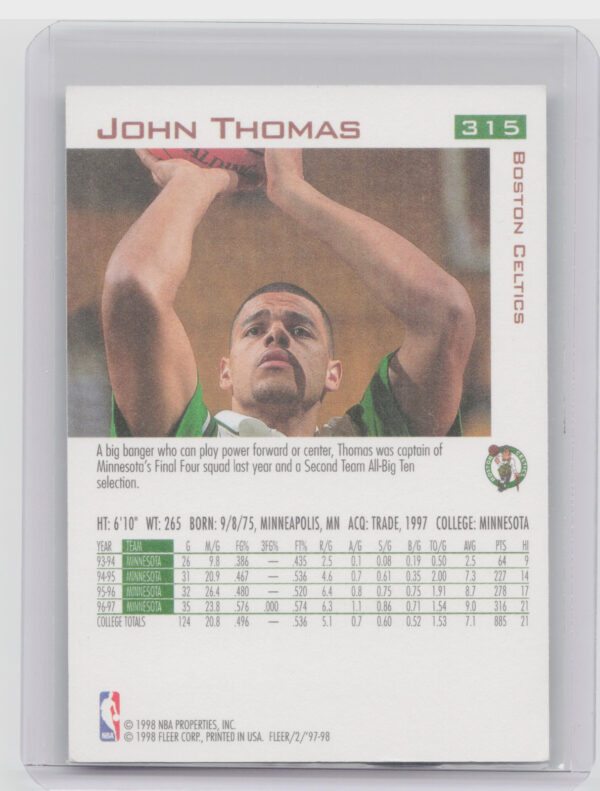 1997-98 Fleer John Thomas RC #315 Celtics - Image 3