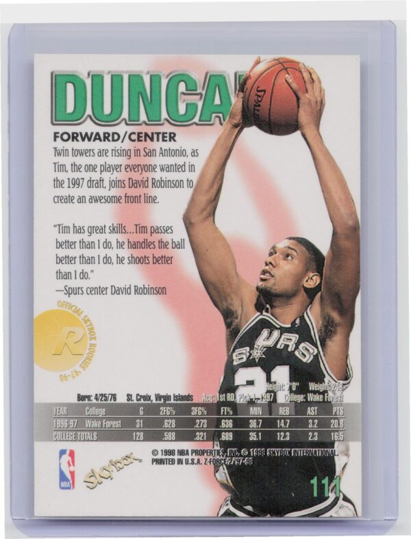 1997-98 SkyBox Z-Force Tim Duncan RC #111 Spurs - Image 3