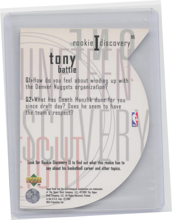 1997-98 Upper Deck Tony Battie #R5 Nuggets Rookie Discovery I - Image 3