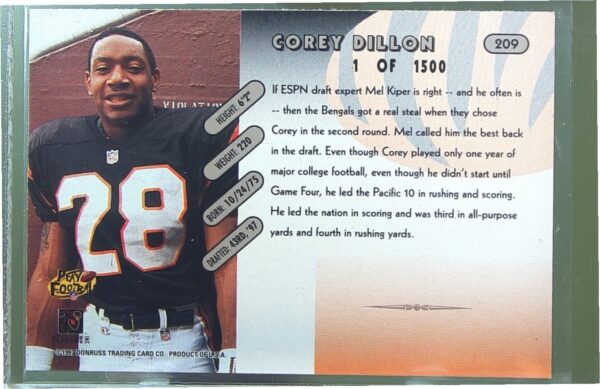 1997 Donruss Corey Dillon Press Proof Silver /1500 #209 Bengals - Image 3