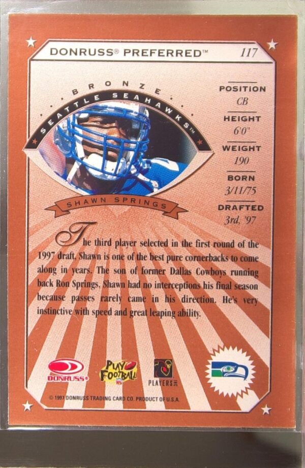 1997 Donruss Preferred Shawn Springs RC #117 Seahawks - Image 3