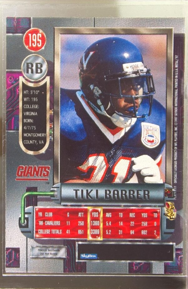 1997 Metal Universe Tiki Barber RC #195 Giants - Image 3