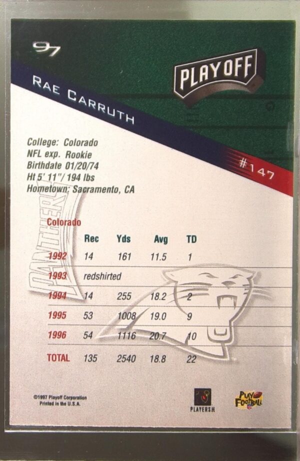 1997 Playoff Zone Rae Carruth RC #147 Panthers - Image 3